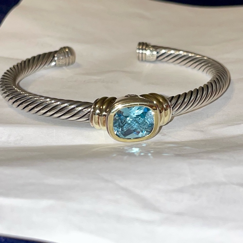 David Yurman sterling silver and gold bracelet with blue topaz stone